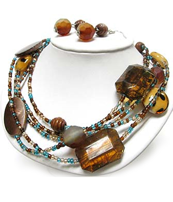 GLASS AND ACRYL DISK ACCENT SEED BEADS NECKLACE EARRING SET