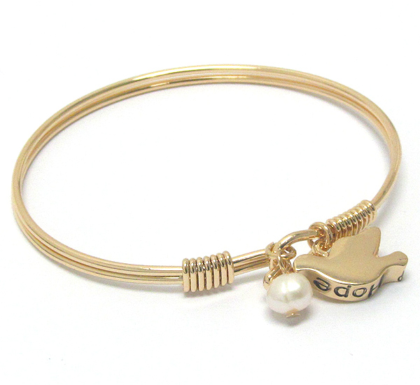 PIGEON AND PEARL CHARM WIRE BANGLE BRACELET