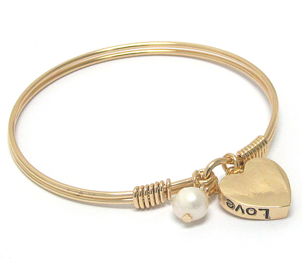 HEART AND PEARL CHARM WIRE BANGLE BRACELET -valentine
