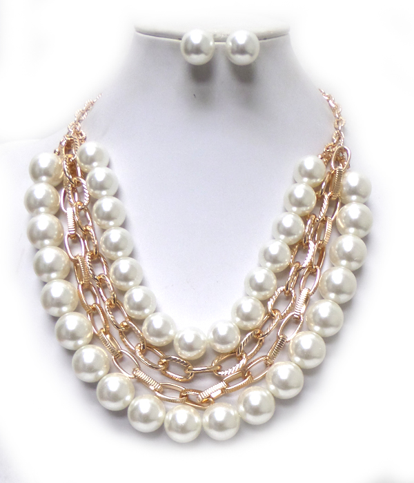 4 LAYER CHAIN AND MULTI SIZE PEARLS NECKLACE SET