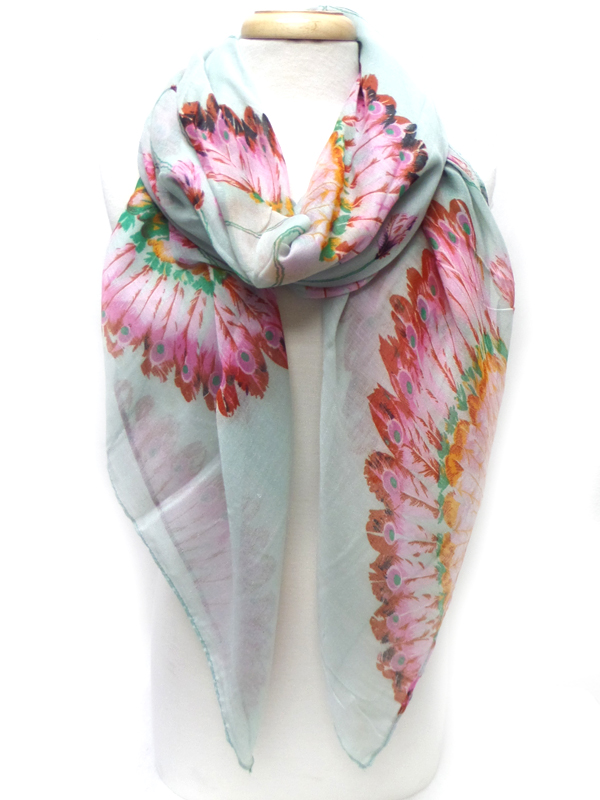 PEACOCK FEATHER PATTERN PRINT SCARF