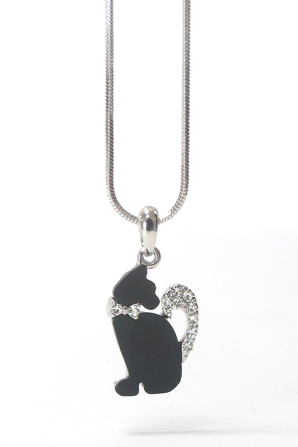 MADE IN KOREA WHITEGOLD PLATING CRYSTAL AND ACRYLIC CAT PENDANT NECKLACE