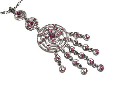 MADE IN KOREA WHITEGOLD PLATING THREE LEVEL HOOP AND CHANDELIER CHARM NECKLACE - MADE IN KOREA
