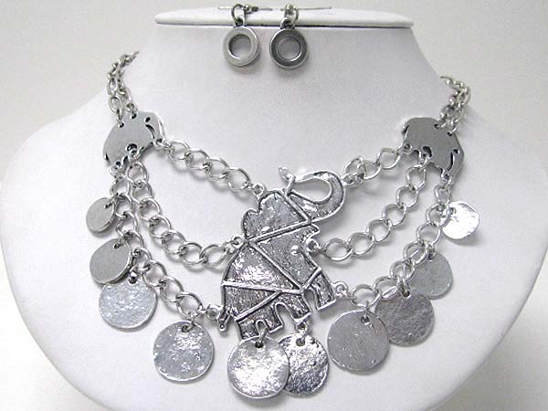 SCRATCH METAL ELEPHANT AND DISK CHARM NECKLACE EARRING SET
