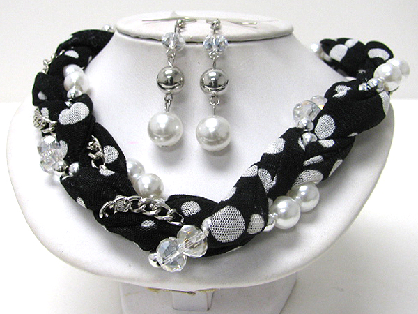 MULTI PEARL AND ACRYLIC BEAD ON FABRIC NECKLACE EARRING SET