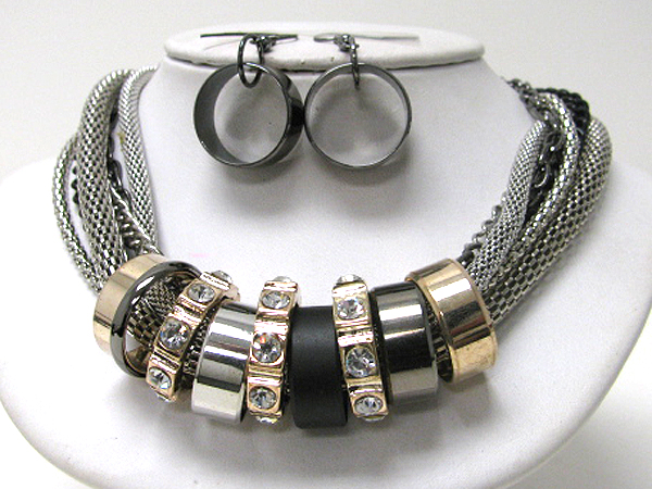 ARCHITECTURAL CRYSTAL STUD RING AND MULTI MESH CHAIN LINK NECKLACE EARRING SET
