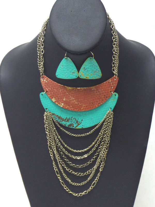 VINTAGE RUSTIC HAMMERED METAL AND MULTI CHAIN DROP NECKLACE SET