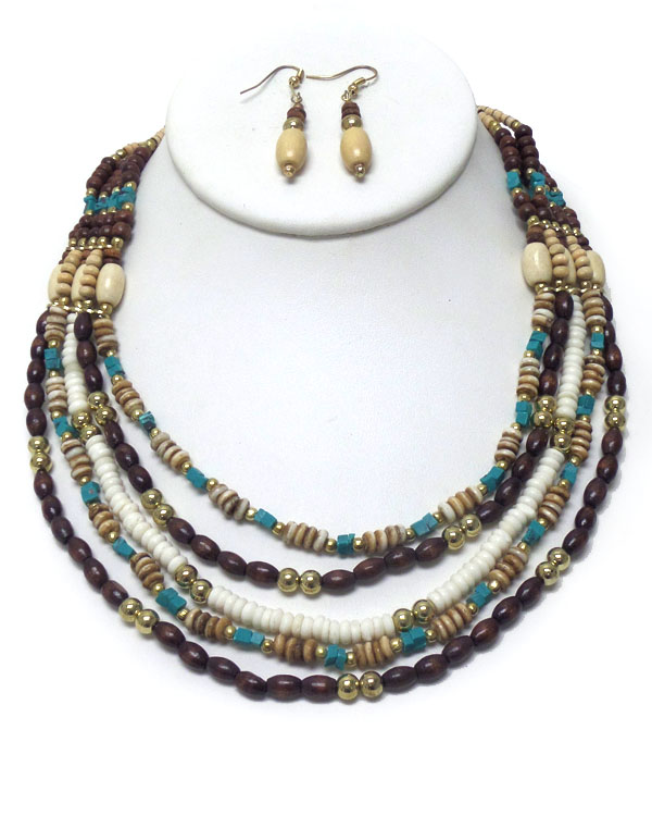 FIVE LAYER MULTI WOOD BEADS NECKLACE SET