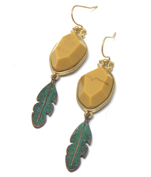 WORN GOLD STONE FEATHER EARRINGS