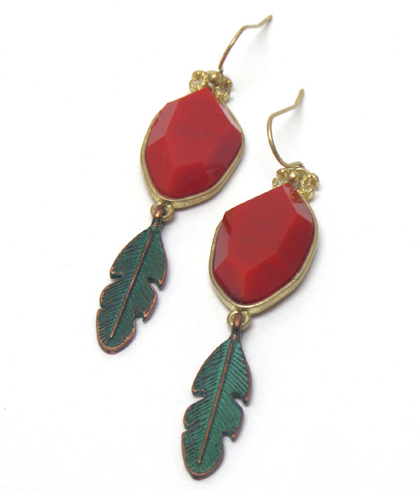 WORN GOLD STONE FEATHER EARRINGS