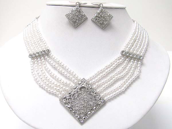 FILIGREE METAL AND CRYSTAL BAR JOINT MULTI ROW BEADS NECKLACE EARRING SET