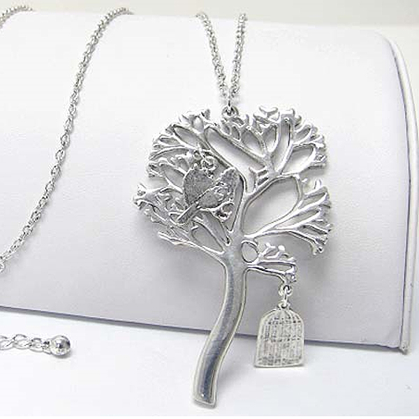 SINGING BRID IN TREE PENDANT LONG NECKLACE