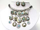 TURQUOISE CHIP STONE TEXTURED METAL DISK LONG DROP NECKLACE EARRING SET
