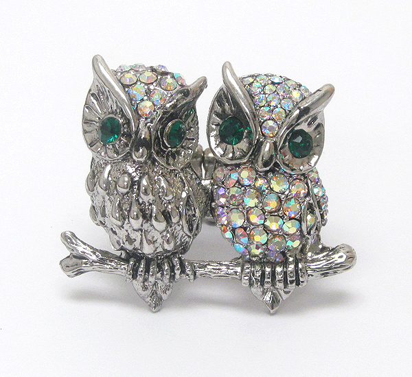 CRYSTAL HUMMING TWO OWL STRETCH RING