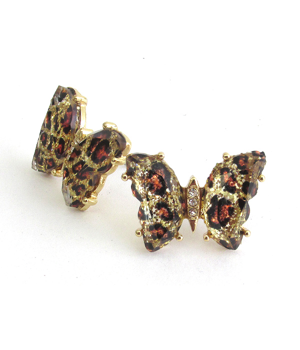 FACET GLASS AND CRYSTAL MIX ANIMAL PRINT BUTTERFLY STUD EARRING - LEOPARD