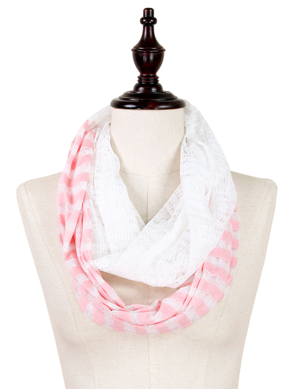 STRIPE AND LACE INFINITY SCARF - 50% VISCOSE 50% POLYESTER