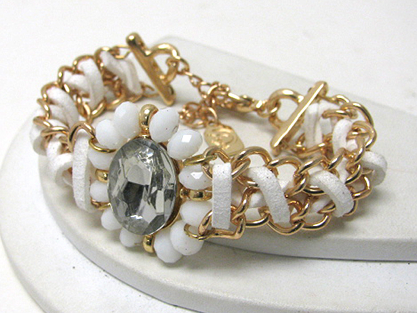 MULTI ACRYLIC FACET STONE DECO WITH SUEDE AND METAL CHAIN BRACELET