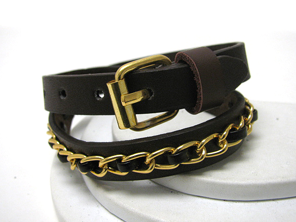 SYNTHTIC LEATHER AND METAL CHAIN DECO BELT STYLE FRIENDSHIP BRACELET - FREE WRAP STYLE