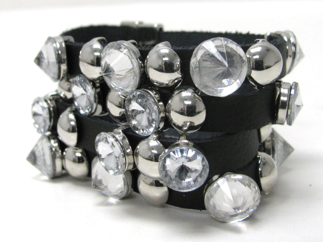 FOUR ROW METAL DISK AND CRYSTAL SLIDE LEATHER MAGNETIC CLASP WRIST BAND