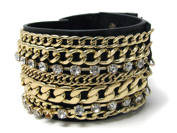 MULTI RHINESTONE AND CHAIN DECO ON SYNTHETIC LEATHER WIDE BRACELET