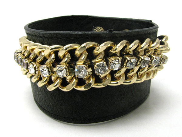 THICK CHAIN AND RHINESTONE ON SYTHETIC LEATHER WIDE BRACELET