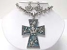 MEDIEVAL DESIGN CRYSTAL AND PATINA METAL CROSS PENDANT NECKLACE EARRING SET