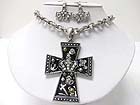 MEDIEVAL DESIGN CRYSTAL AND PATINA METAL CROSS PENDANT NECKLACE EARRING SET