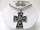 MEDIEVAL DESIGN CRYSTAL AND PATINA METAL CROSS PENDANT NECKLACE EARRING SET