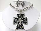 MEDIEVAL DESIGN CRYSTAL AND PATINA METAL CROSS PENDANT NECKLACE EARRING SET