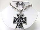 MEDIEVAL DESIGN CRYSTAL AND PATINA METAL CROSS PENDANT NECKLACE EARRING SET