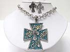 MEDIEVAL DESIGN CRYSTAL AND PATINA METAL CROSS PENDANT NECKLACE EARRING SET