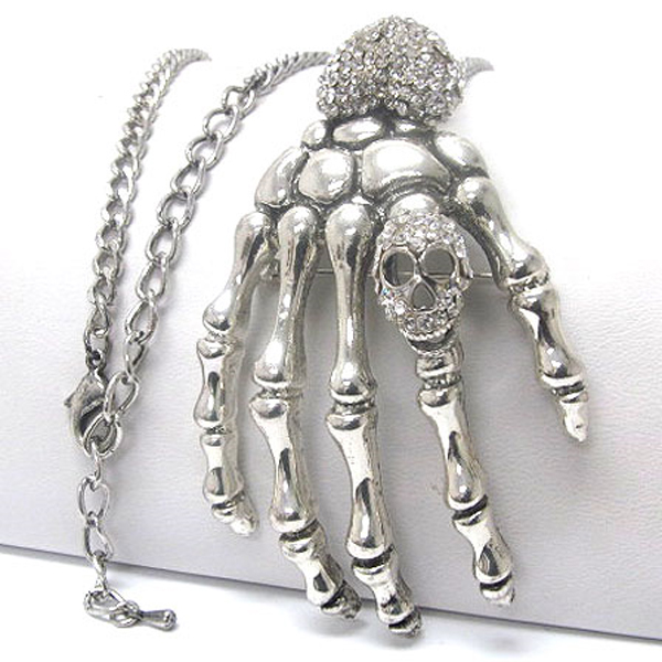 CRYSTAL  SKULL AND HEART  SKELETON LONG NECKLACE -HALLOWEEN