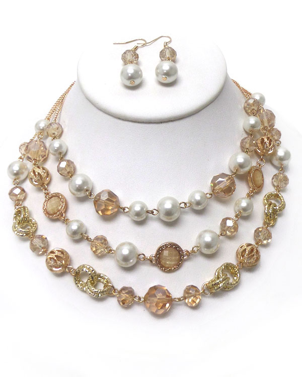THREE LAYERED MULTI GLASS BEADS AND PEARL LINK NECKLACE SET