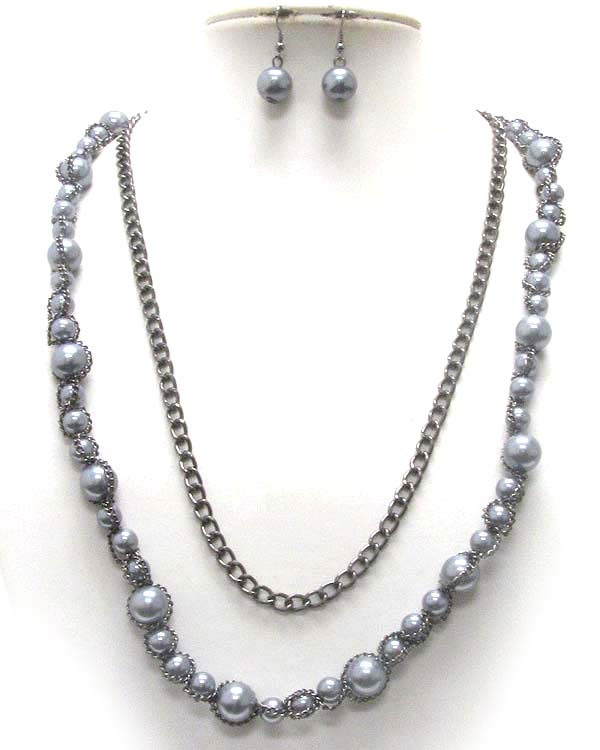 MULTI PEARL AND CHAIN LINK DOUBLE CHAIN NECKLACE EARRING SET