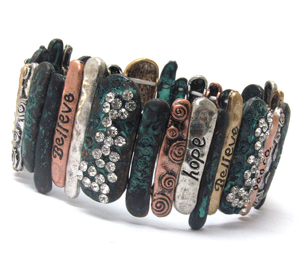 CRYSTAL DECO AND MIXED PATINA METAL BAR MESSAGE STRETCH BRACELET