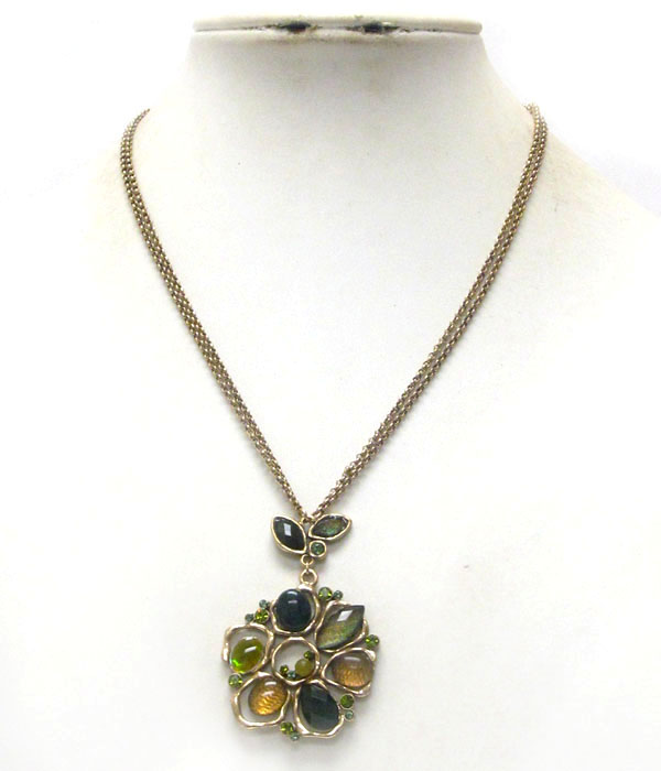 VINTAGE STYLE CRYSTAL AND MARBLIC STONE FLOWER PENDANT NECKLACE