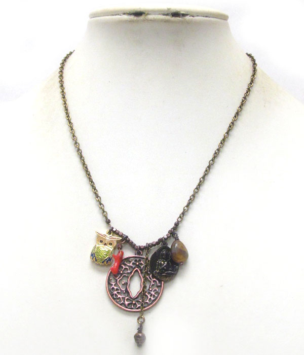 VINTAGE STYLE MIXED ORIENTAL CHARM DANGLE CHAIN NECKLACE