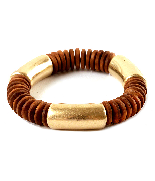 DISC WOOD BEAD AND METAL TUBE MIX STRETCH BRACELET