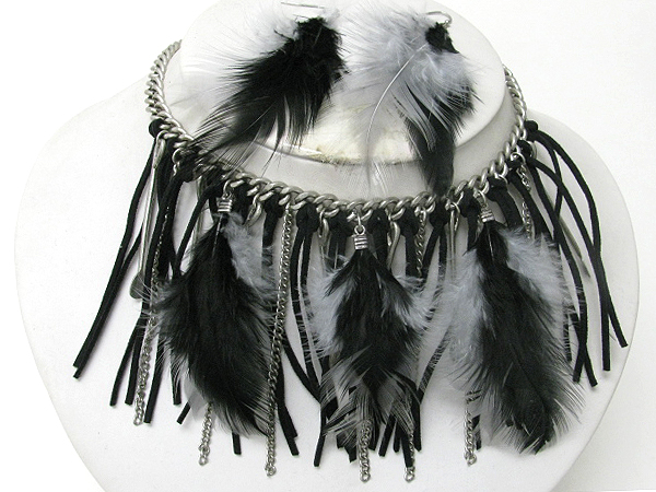 MULTI FEATHER AND SUEDE DROP NECKLACE EARRING SET