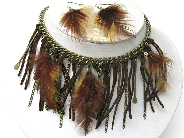 MULTI FEATHER AND SUEDE DROP NECKLACE EARRING SET