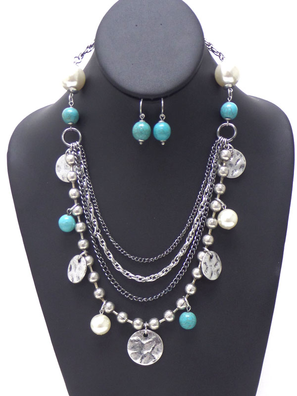 FOUR LAYER CHARM TURQUOISE STONE NECKLACE SET