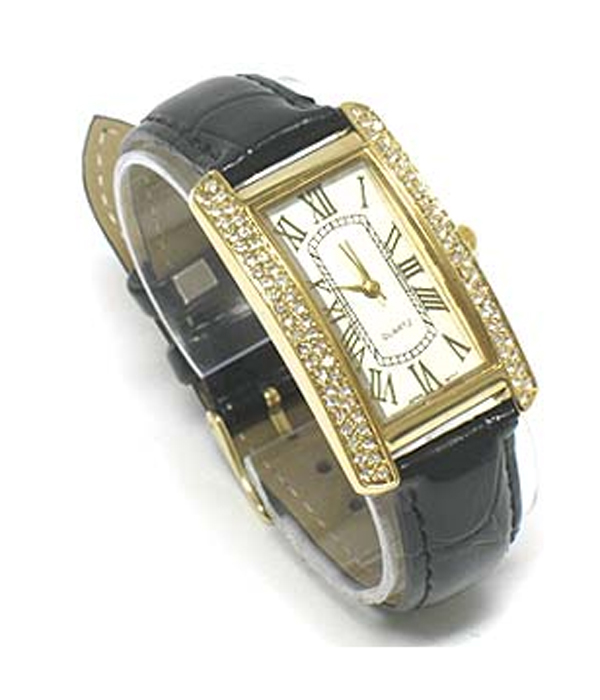 DESIGNER INSPIRED CRYSTAL DECO FACE AND LEATHER BAND WATCH
