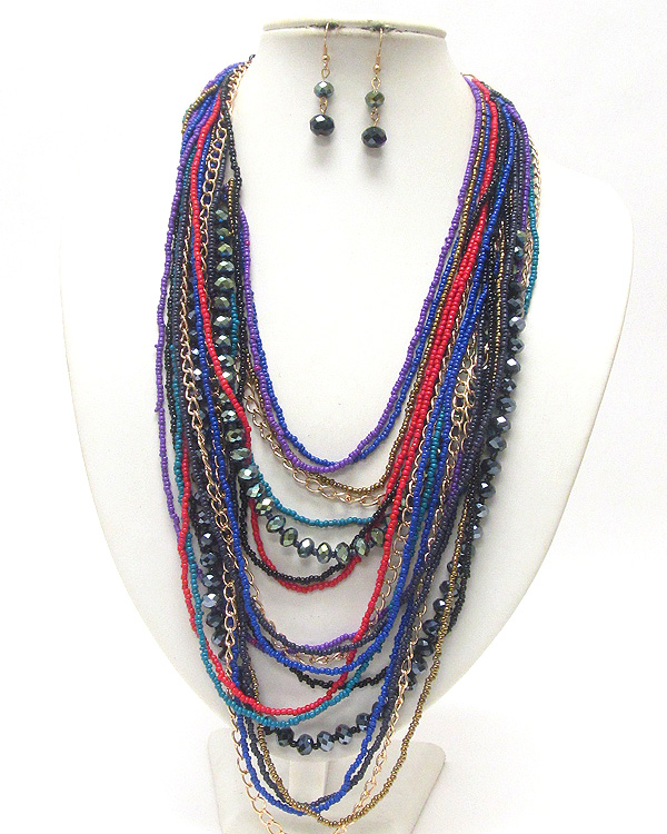MULTI ROW CHUNKY BEADS AND CHAIN LONG NECKLACE AND EARRING SET