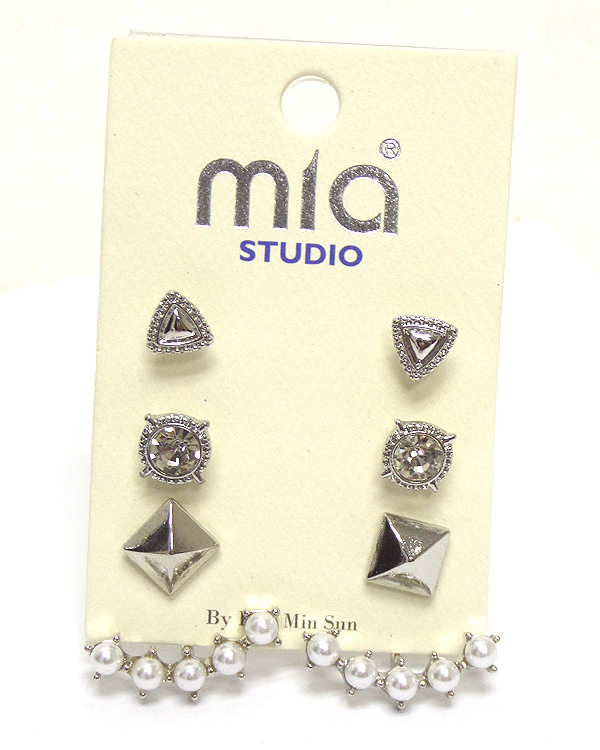 SET OF THREE METAL WITH CRYSTALS EARRINGS