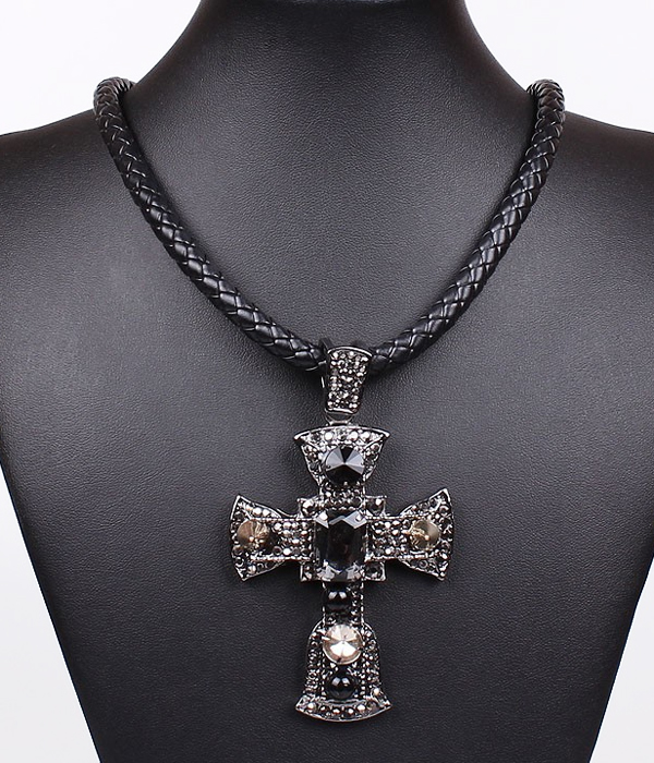 LARGE CRYSTAL DECO CROSS PENDANT BAIDED CORD NECKLACE