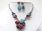 TURQUOISE AND MIXED NATURAL CHIP STONE CLUSTER PENDANT NECKLACE EARRING SET
