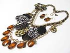 ANIMAL PATTERN CHIFFON WRAPPED MULTI DISK AND TEAR DROP DANGLE NECKLACE EARRING SET