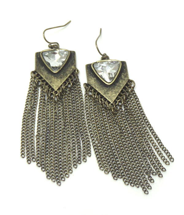 METAL AND GLASS STONE AND TASSEL  HOOK EARRINGS