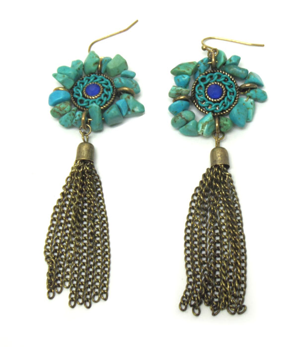 ROUND GENUINE AND CHIP STONE BORDER AND TASSEL DROP EARRING 
