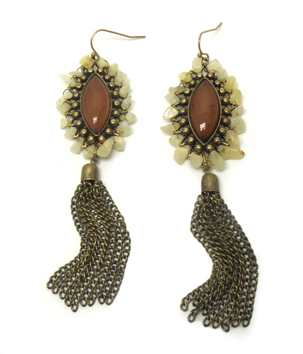 ROUND GENUINE AND CHIP STONE BORDER AND TASSEL DROP EARRING